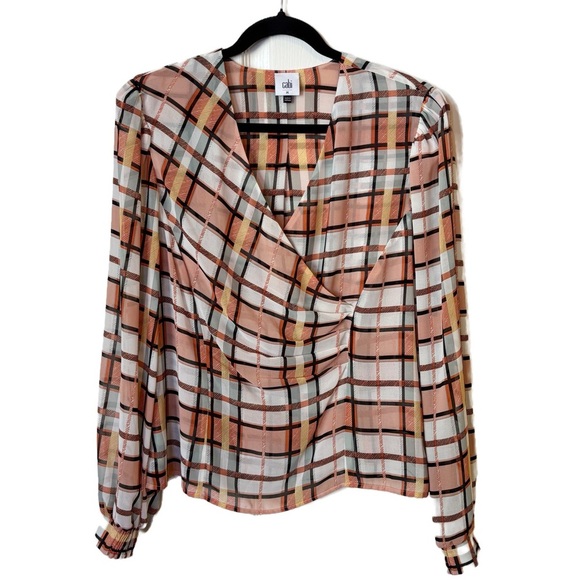 Cabi Whist Blouse Painted Plaid Design Faux Wrap Women’s Medium - Picture 3 of 8